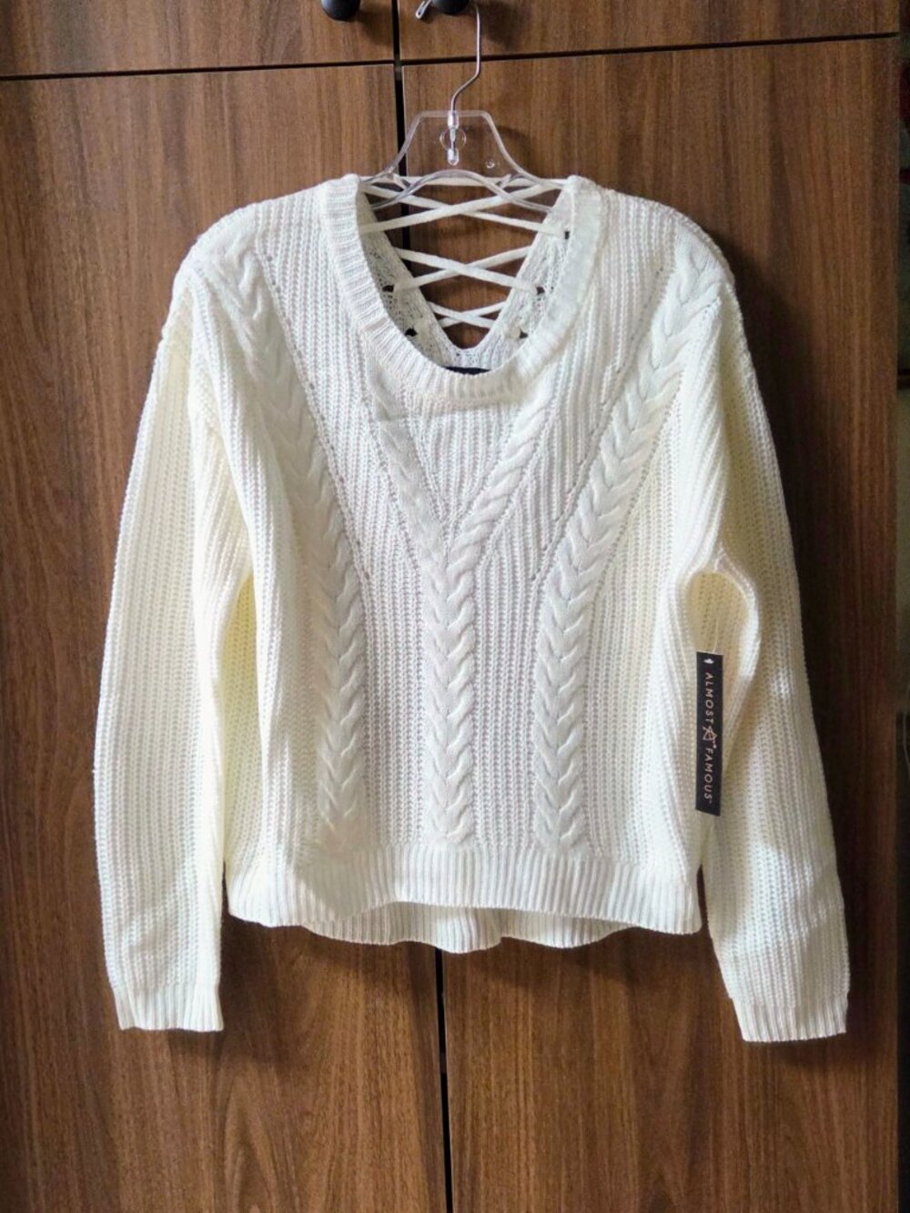 Almost Famous sz M-L White Cream Cable Knit Lace Up Back Sweater NEW Lace up